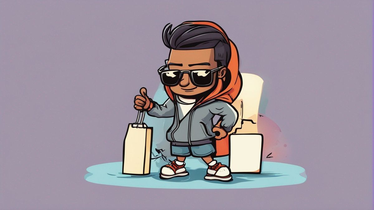 a name tag of a cartoon entrepreneur in a hoodie, shorts, flip flops and sunglasses